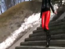 Rubber leggings outdoors